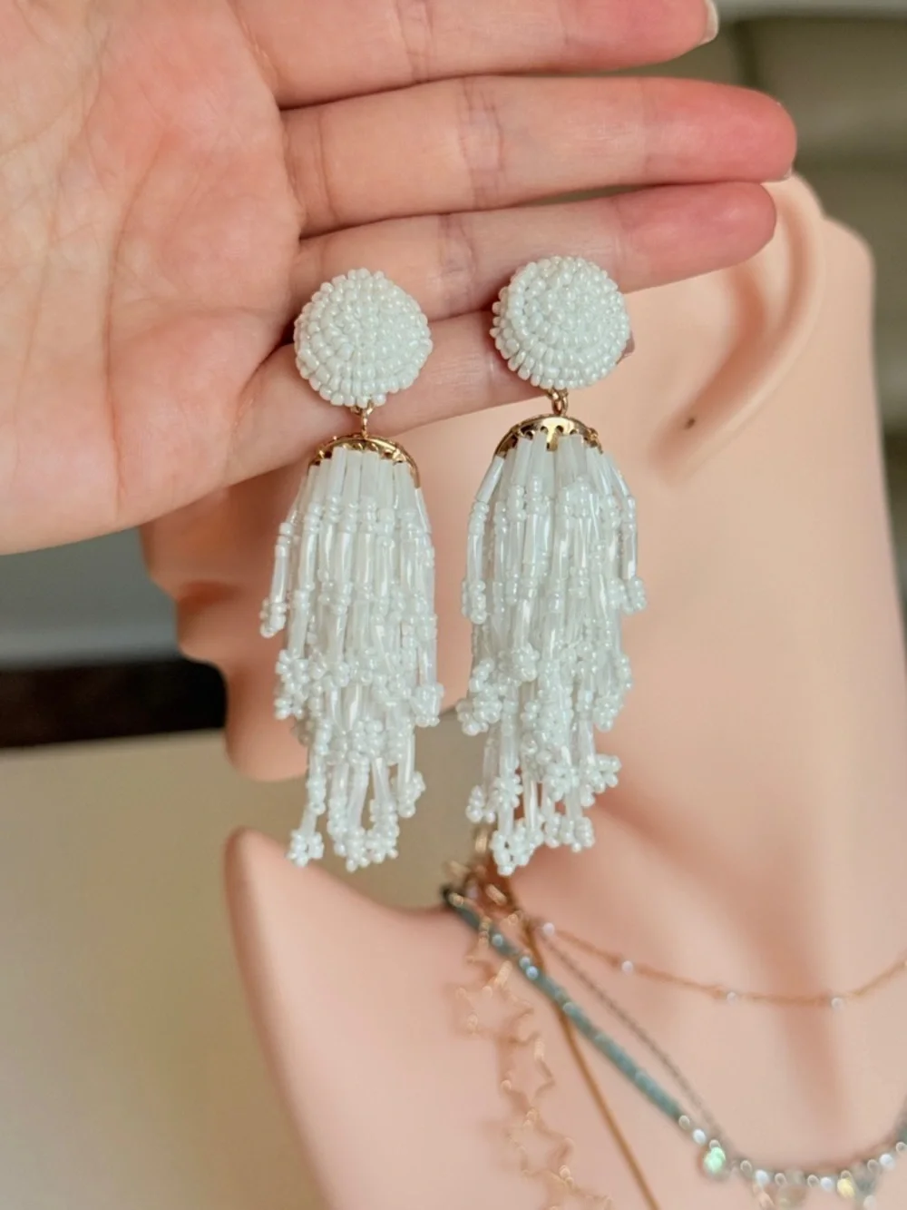 Elegant White Beaded Tassel Drop Earrings